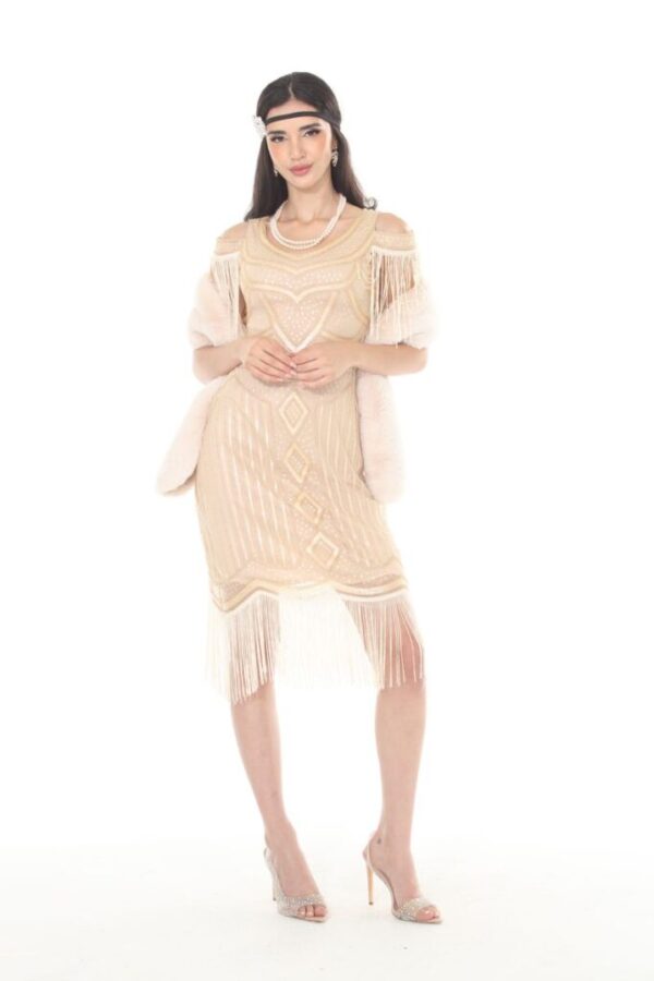 Dress, Flapper Beaded Fringe Beige