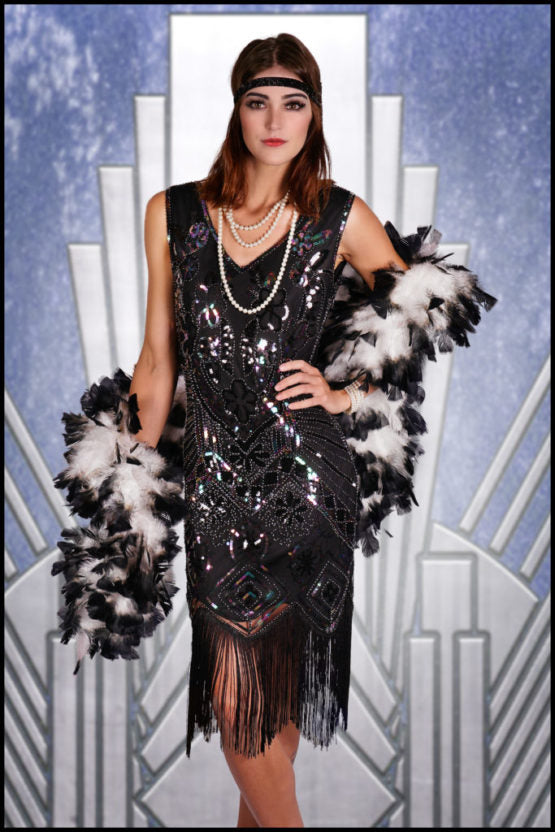 20s Beaded Gown Art Deco- : Small Blk