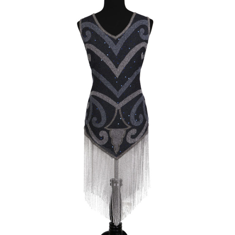 20s Beaded Gown, Grey Blue
