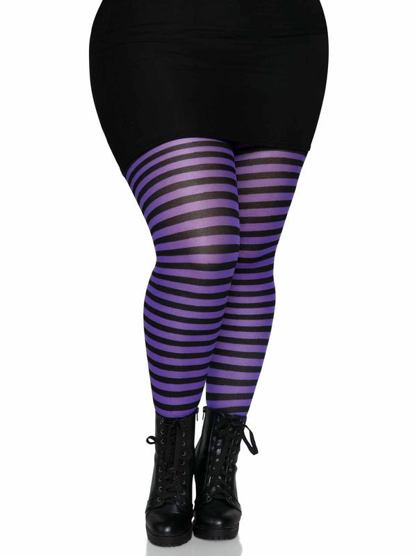 Tights, Opaque Stripe Purple/Black 1X/2X