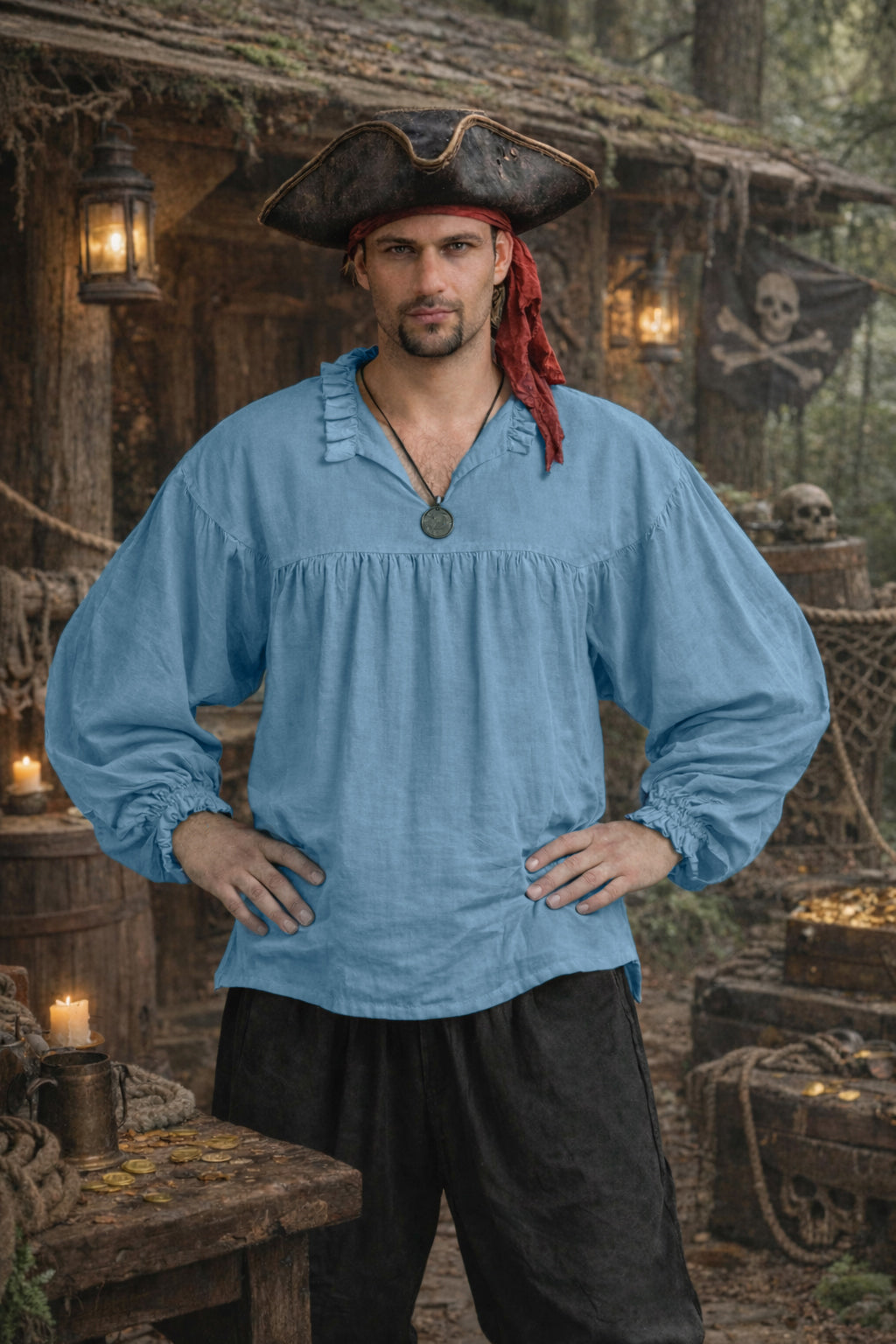 Shirt, Harbor Rogue Gathered Bismark Blue