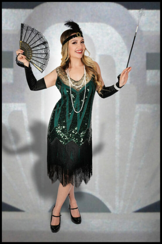 Green and Gold Beaded Fringe Dress