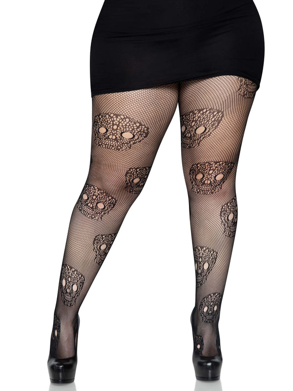 Pantyhose, Lace Skull Net-Black : Plus 1x/2x