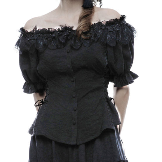 Top, puff sleeve, lace neck- : medium