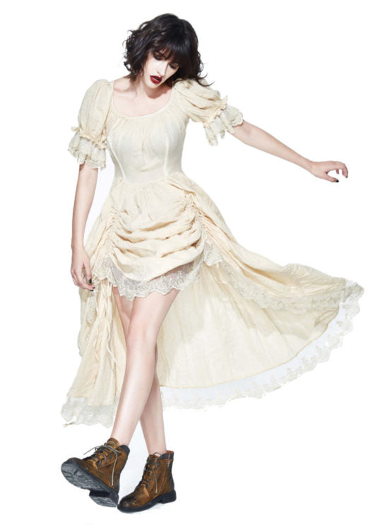 cream steampunk dress Alternative Wedding Dress Unique Victorian Bustle Gown Cream Steampunk Corset off the Shoulder (12 MONTH Make Time) Custom to Any Size
