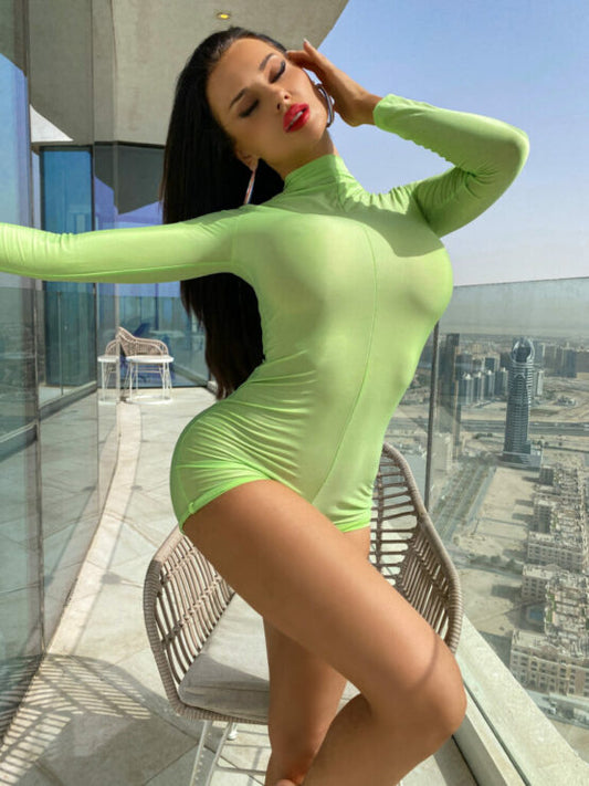 Bodysuit, long sleeves, shorts-Neon green : OS