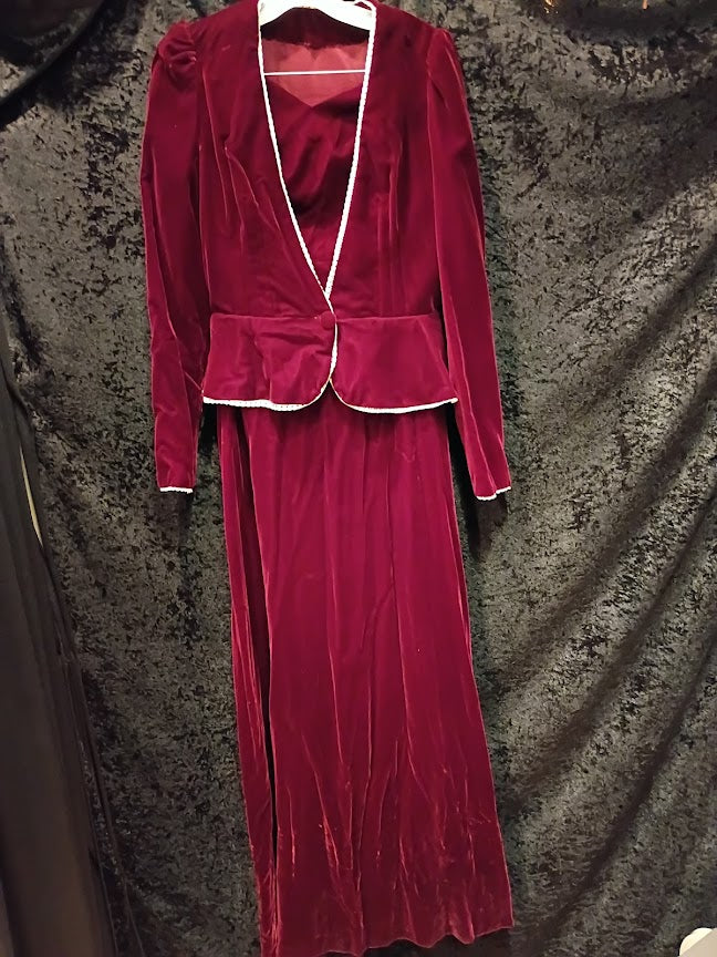 Dress with Jacket, 2 pc 1945 Red Rayon Velvet, M
