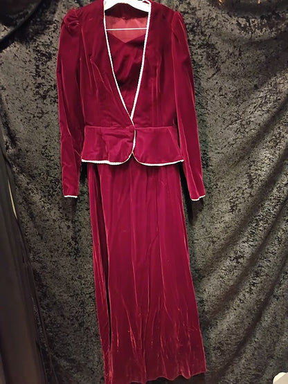Dress with Jacket, 2 pc 1945 Red Rayon Velvet, M