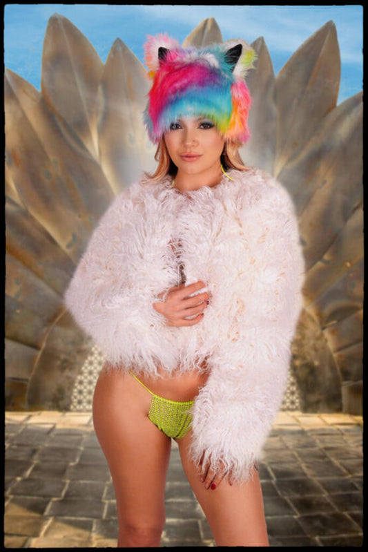 Stole, Faux Fur Jacket-White : Large