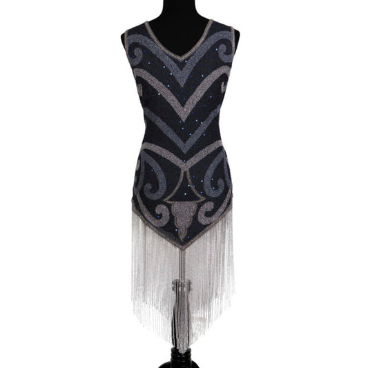 20s Beaded Gown, Grey Blue