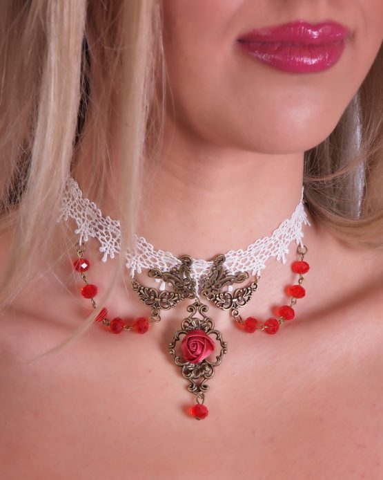 Necklace, Lace Victorian Flower-White