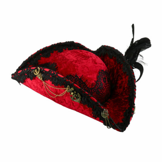 Hat, Tricorn Red Velvet Decorated