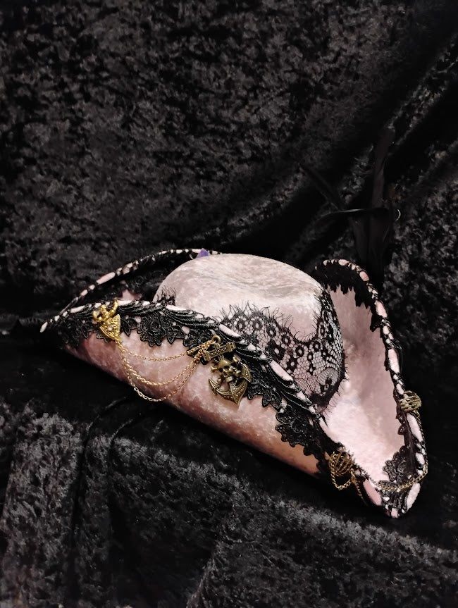 Hat, Tricorn Pink Velvet Decorated