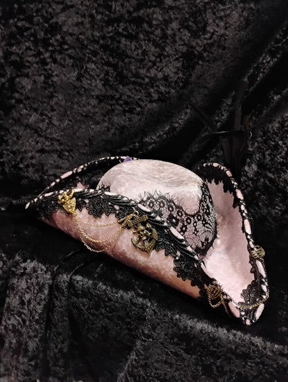 Hat, Tricorn Pink Velvet Decorated
