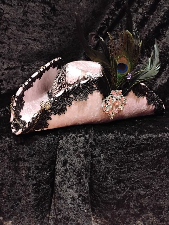 Hat, Tricorn Pink Velvet Decorated