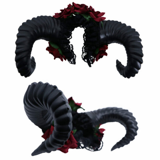 Headband, Ram Horns & Flowers Roses, Black