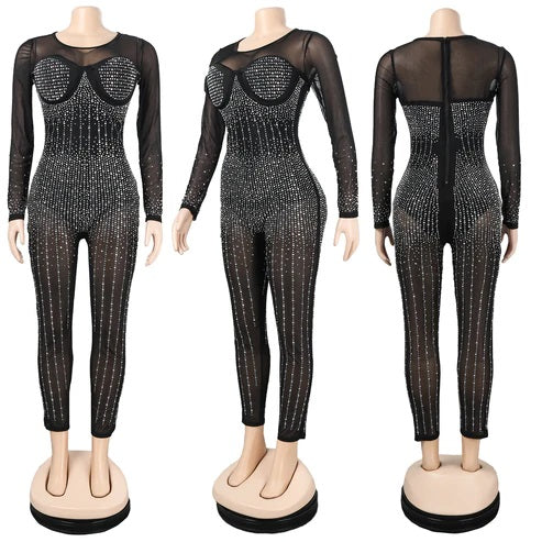 Bodysuit, Rhinestone Embelished-Black : Small