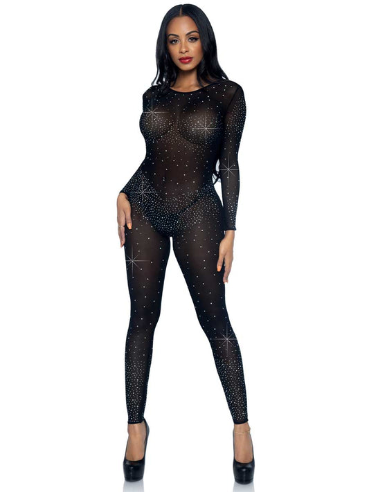 Unitard, Rhinestone Catsuit-Black : S