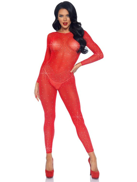 Unitard, Rhinestone Catsuit-Red : S