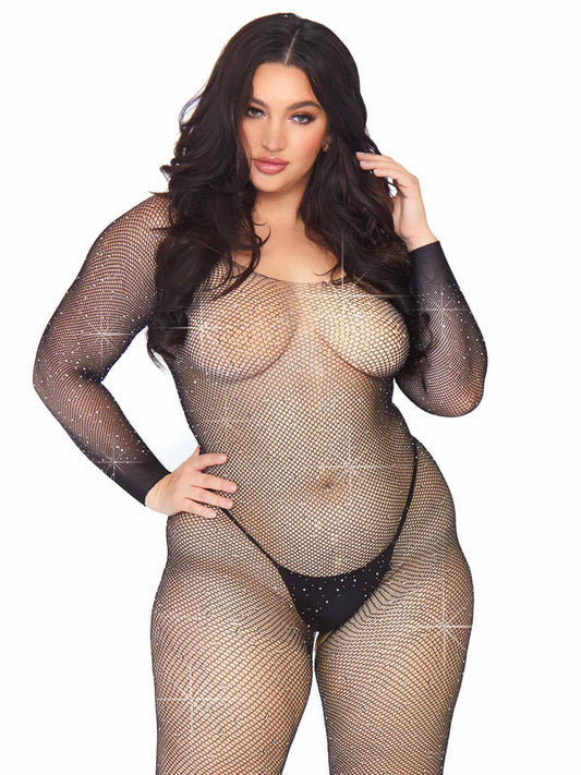 Bodystocking Rhinestone Fishnet-Black : Plus