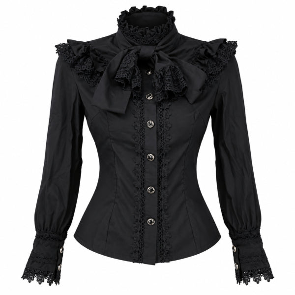 Blouse, Cotton Lace High Collar Black