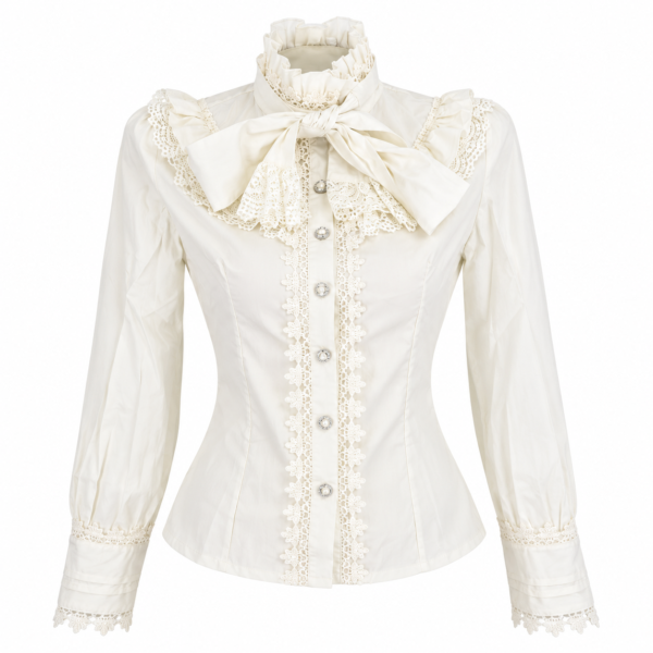 Blouse, Cotton Lace High Collar White