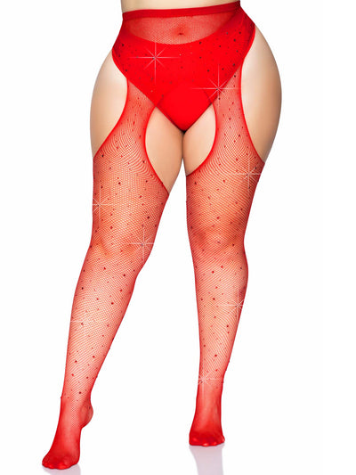 Pantyhose, fishnet suspenders-red : Plus