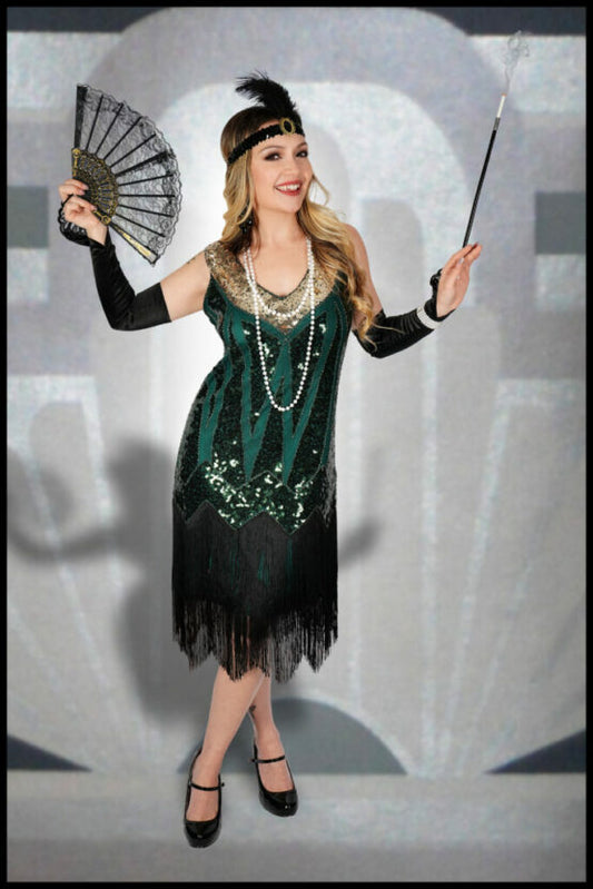 Dress, Flapper Beaded Fringe 20's Green