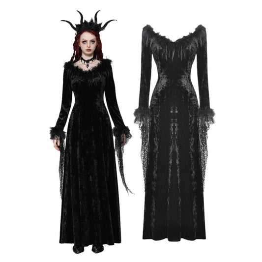 Dress, Black Velvet Feather Trim