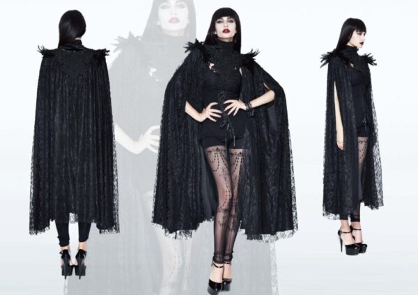 Cloak, Gothic Long Layered Cape with Feather Shoulder Design; 2XL
