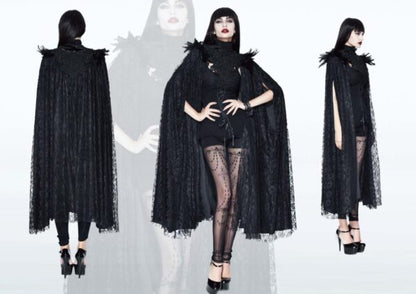 Cloak, Gothic Long Layered Cape with Feather Shoulder Design; 2XL