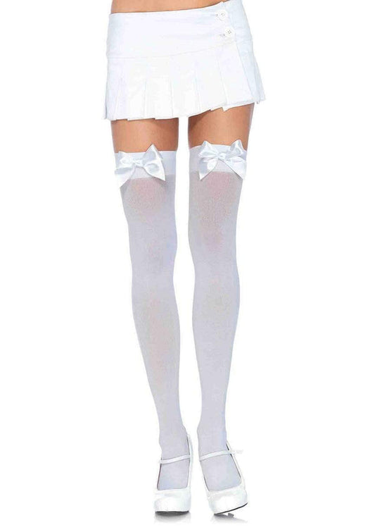Thigh hi, opaque w/ bow-White : OS 90-160lbs