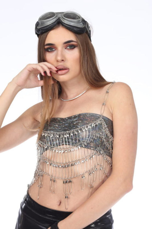 Safety Pin Halter Top-Silver