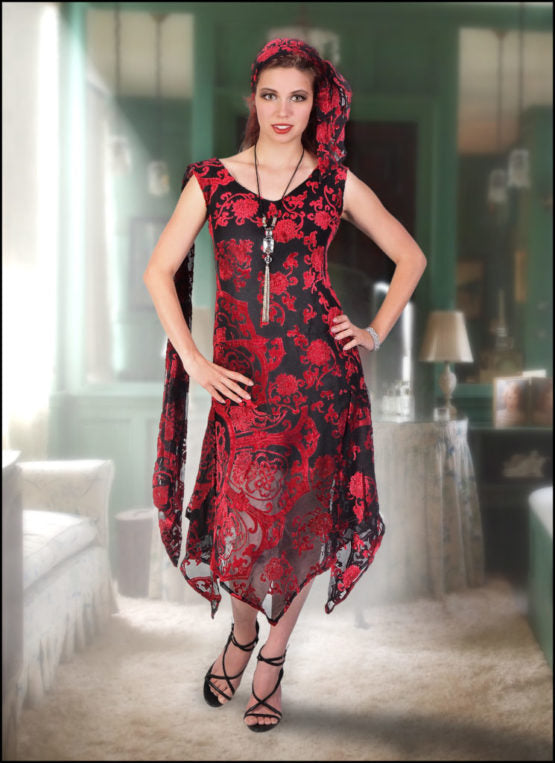 Flapper Dress Burnout Velvet-Black/Red : Large