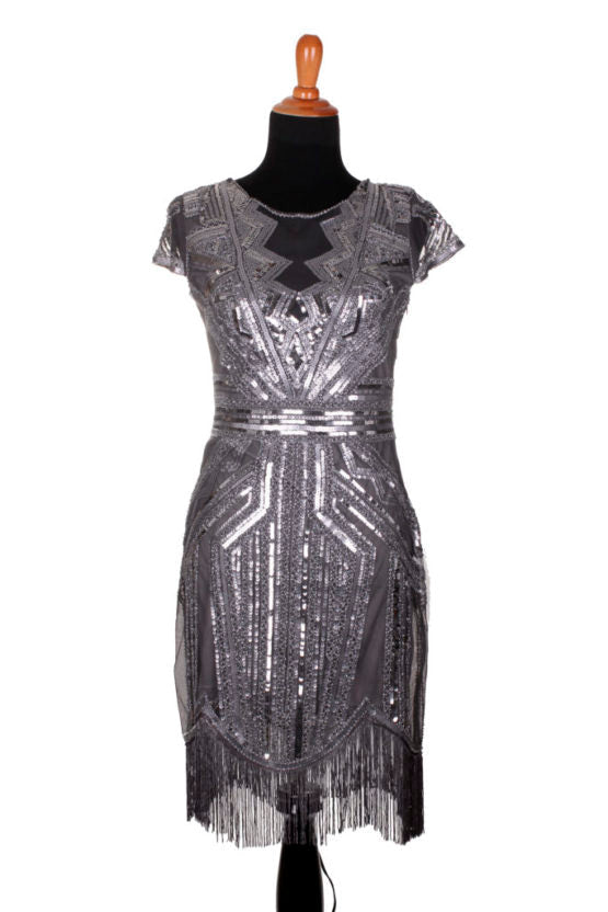 Dress, Flapper Art Deco Silver-  : L 28" waist