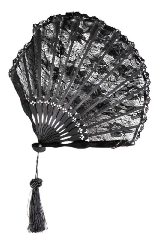 Fan, lace, round with tassel-black